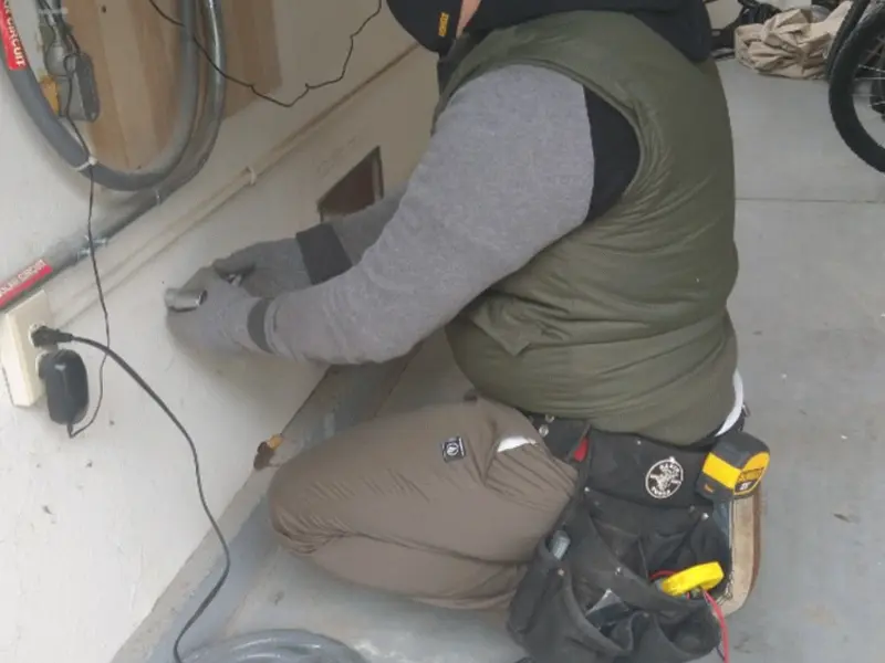 Electrician performing outlet wiring in a Chamblee garage